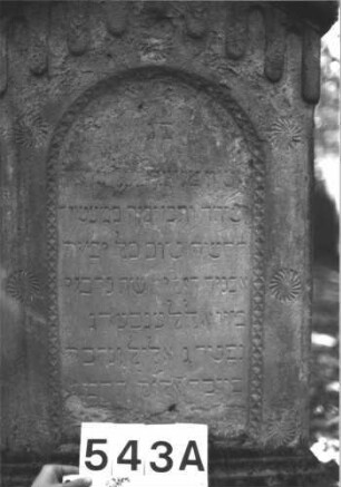 Grabstein 543 (Index: 99900810) Material: Sandstein Zustand: stark verwittert Maße HxBxT: 155x60x25 cm Beschreibung: aufgesockelte Stele mit Dreiecksabschluss, darauf Giebel- und Eckakroterien, unterhalb der Verdachung Zinnenfries, Schriftfeld umgeben von Diamantfries und Rosetten Symbolik: Zinnenfries, Diamantfries, Rosetten: Grabstein 543A
