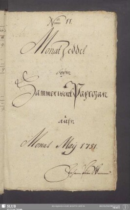 Monat Zeddel beÿm Hammerwerck Paprozan aufn Monat Maij 1751