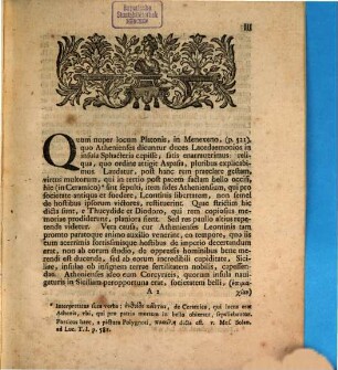 Animadversionum historicarum ad Platonis Menexenum specimen. 4. Ad orationes 6. ... audiendas. - 1777. - XII S.