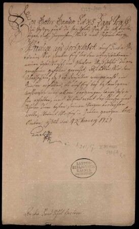 Brief von Karl, Hessen-Kassel, Landgraf an Hohe Schule, Herborn