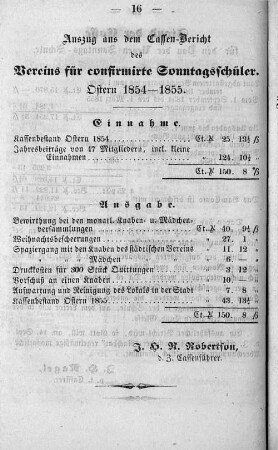 Auszug aus dem Cassen-Bericht des Vereins für confirmirte Sonntagsschüler.