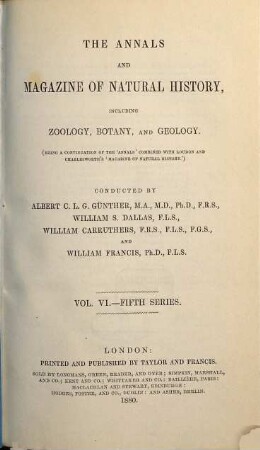 The annals and magazine of natural history, zoology, botany and geology : incorporating the journal of botany. 6. 1880