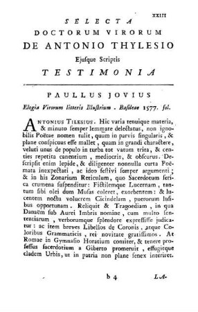 Selecta Doctorum Virorum De Antonio Thylesio Ejusque Sriptis Testimonia