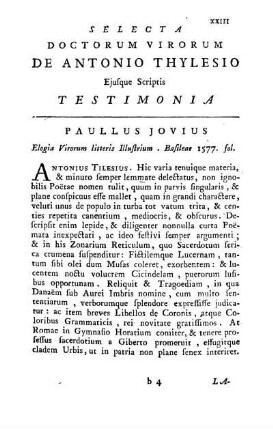 Selecta Doctorum Virorum De Antonio Thylesio Ejusque Sriptis Testimonia