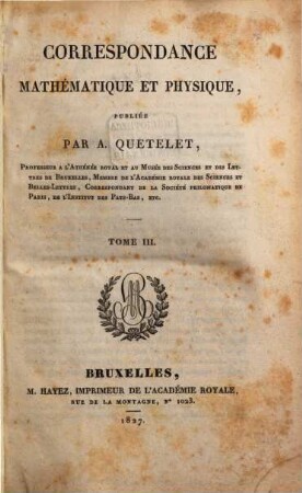 Correspondance mathématique et physique, 3. 1827