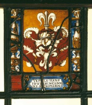 Wappenscheibe der Nürnberger Patrizierin Ursula Stromer von Reichenbach, Ehefrau von Hans Hüter (Hueter). Pendant zu Gm.117, der Wappenscheibe ihres Ehemannes, dat. 1579