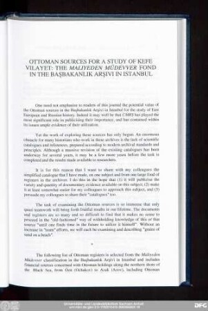 Ottoman Sources For A Study Of Kefe Vilayet: The Maliyeden Müdevver Fond In The Başbakanlik Arşivi In Istanbul