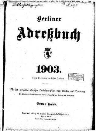 Berliner Adreßbuch 1903 Erster Band