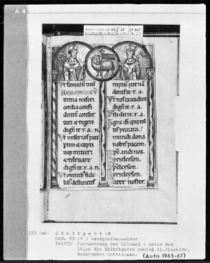 Psalterium (sogenannter Landgrafenpsalter) — Litaneiseite, unter den Bögen zwei heilige Bischöfe mit dem Lamm Gottes, Folio 175recto