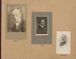 Bl. 33: Fotografien der Mathematiker Godefrey H. Hardy, Henri Fehr und Alexander Leonard Hjelmman, 1920 - 1922