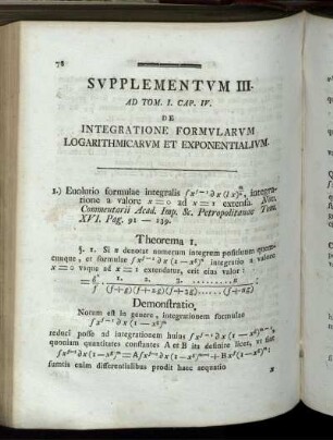 Supplementum III. Ad Tom. I. Cap. IV. De integratione formularum logarithmicarum et exponentialium.