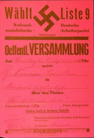Versammlung der NSDAP-Ortsgruppe Mönchweiler: Was steht uns bevor?