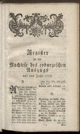 Register zu der Nachlese des coburgischen Auszugs auf das Jahr 1758.