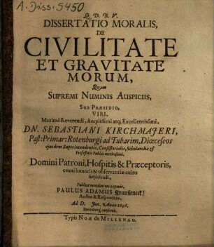 Dissertatio Moralis, De Civilitate Et Gravitate Morum