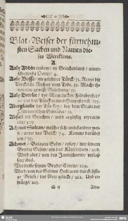 Blat-Weiser der fürnehmsten Sachen und Namen dieses Werckleins