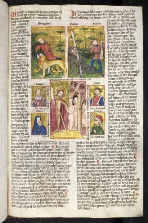 (1) Antitypus: Christi Descensus; (2) Typus: Samson tötet den Löwen; (3) Typus: David tötet Goliath; Propheten-Brustbild