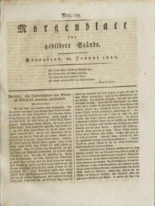Nro. 19. Sonnabend, 22. Januar 1820. - Nro. 26. Montag, 31. Januar 1820. (unvollständig)