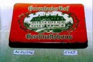 Blechdose für "25 Zigaretten 'Herrnhuter Ruf Herrschaftshaus'" (Abbildung eines Herrschaftshauses)