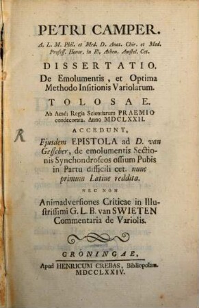 Dissertatio de Elmolumentis et optim. methodo insit. variolarum