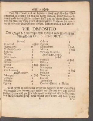 VIII. Dispositio Der Orgel des vortrefflichen Stiffts und Closters zu Ringelheim Ord. S. Benedicti