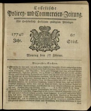 6tes Stueck, Montag den 7ten Februar 1774