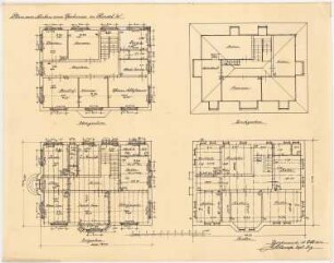 Pfarrhaus (und Entwurf für eine Kirche), Bochum-Hordel: Grundrisse Erdgeschoss, Keller, Ober- und Dachgeschoss (1:100)