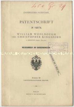 Patentschrift einer Neuerung an Garbenbinder, Patent-Nr. 12573