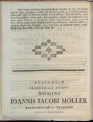 Responsio Praenobilis Domini Domini Joannis Jacobi Möller Praeconsulis Et Praesidis Civitatis Elbingensis.