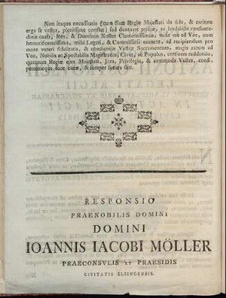 Responsio Praenobilis Domini Domini Joannis Jacobi Möller Praeconsulis Et Praesidis Civitatis Elbingensis.