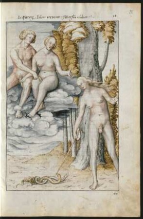 Federzeichnung, koloriert: Tiresias entscheidet den Streit zwischen Jupiter und Juno