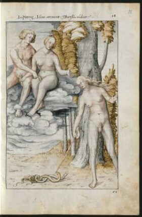 Federzeichnung, koloriert: Tiresias entscheidet den Streit zwischen Jupiter und Juno