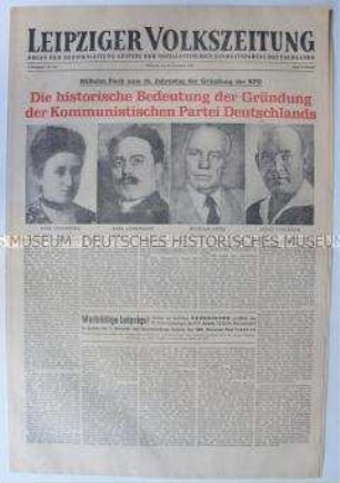 Regionale Tageszeitung der SED "Leipziger Volkszeitung" zum 35. Jahrestag der Gründung der KPD