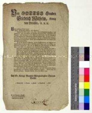 Spezialbefehl von Friedrich Wilhelm II. König von Preußen an das Kammergericht betreffend das Totschießen von streunenden Hunden in Dörfern und Städten