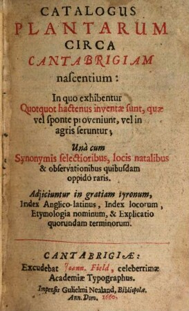Catalogus plantarum ... circa Cantabrigiam nascentium