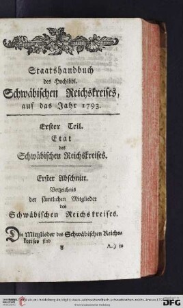Erster Teil: Etat des schwäbischen Reichskreises