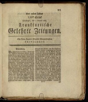 LXItes Stück Dienstags, den 7. August 1764. - LXXtes Stück Freytags, den 7. September 1764.
