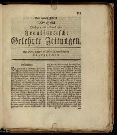LXItes Stück Dienstags, den 7. August 1764. - LXXtes Stück Freytags, den 7. September 1764.
