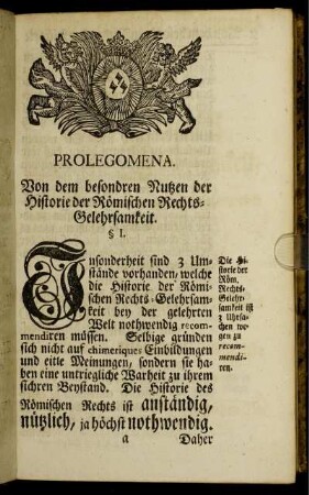 Prolegomena. Von dem besondren Nutzen der Historie der Römischen Rechts-Gelehrsamkeit.