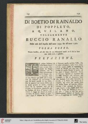 Di Boetio di Rainaldo di Poppleto, Aquilano, volgarmente Buccio Ranallo [...] Poema rozzo