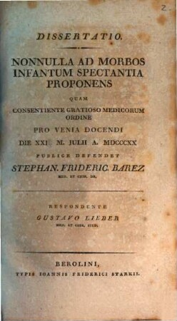 Dissertatio nonnulla ad morbos infantum spectantia proponens