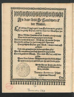 An das löbliche Handwerck der Müller.