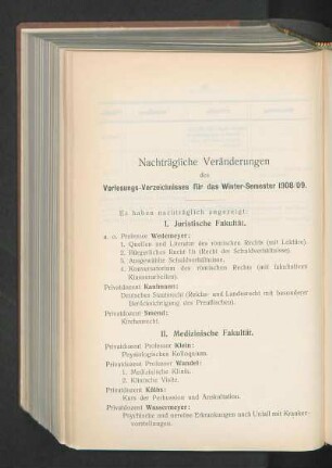 Nachträgliche Veränderungen des Vorlesungs-Verzeichnisses für das Wintersemester 1908/09.