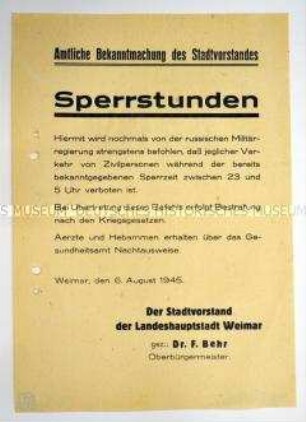 Amtliche Bekanntmachung des Stadtvorstandes von Weimar zur strikten Einhaltung der Sperrstunden