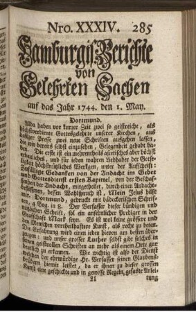 Nro. XXXIV. auf das Jahr 1744. den 1. May. - Nro. XLII. auf das Jahr 1744. den 29. May.