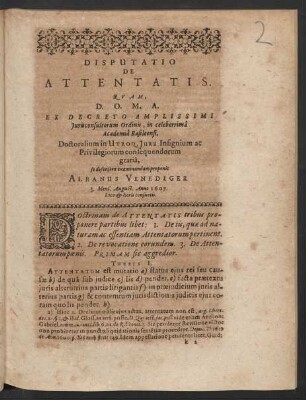 Disputatio De Attentatis. [...] Albanus Venediger.