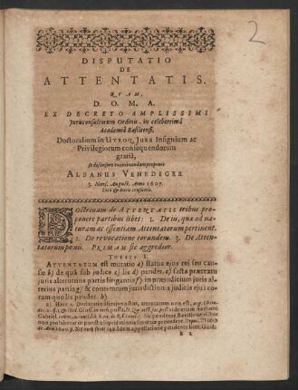 Disputatio De Attentatis. [...] Albanus Venediger.