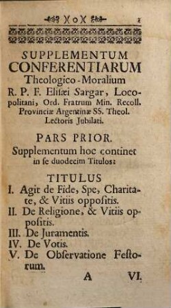 Supplementum ... Conferentiarum Theologico-Moralium Elisaei Sargar ..., 1