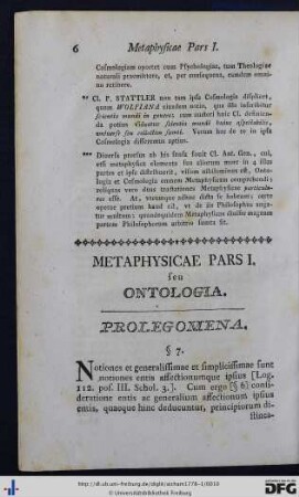 Metaphysicae Pars I. seu Ontologia Prolegomena.