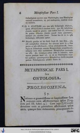 Metaphysicae Pars I. seu Ontologia Prolegomena.