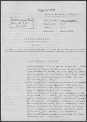 Bad Liebenzell mit Beinberg, Maisenbach-Zainen und Unterlengenhardt: Pfarrbericht 1. Pfarramt 1941